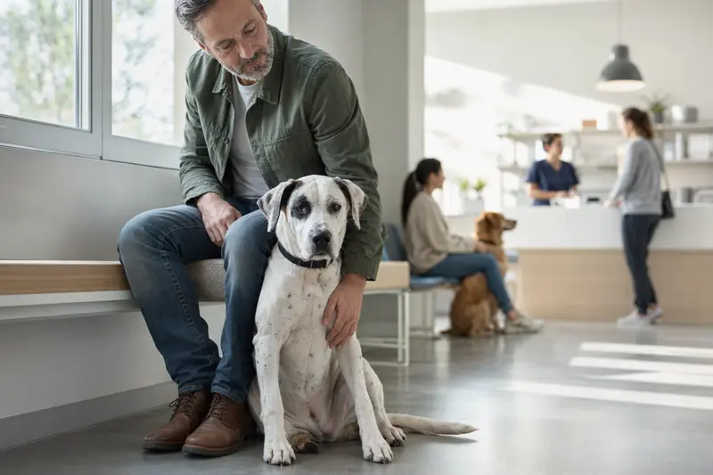 Ein Dogo Mallorquin sitzt ruhig neben seinem Besitzer im hellen Wartezimmer einer Tierarztpraxis.
